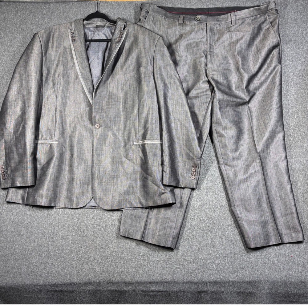 Falcone Mens 52L Gray Sharkskin 2 Piece Suit Blazer Jacket Pants Set 50X28